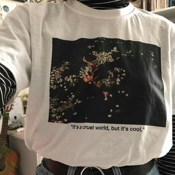 women t shirts its a cruel world but cool aesthetic art personality harajuku casual flower vintage ins loose shirt, White
women t shirts its a cruel world but cool aesthetic art personality harajuku casual flower vintage ins loose shirt, White