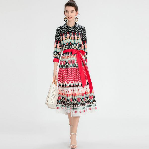 women's runway dress turn down collar printed 3/4 sleeves sash bow belt high street designer casual dresses vestidos, Black
women's runway dress turn down collar printed 3/4 sleeves sash bow belt high street designer casual dresses vestidos, Black