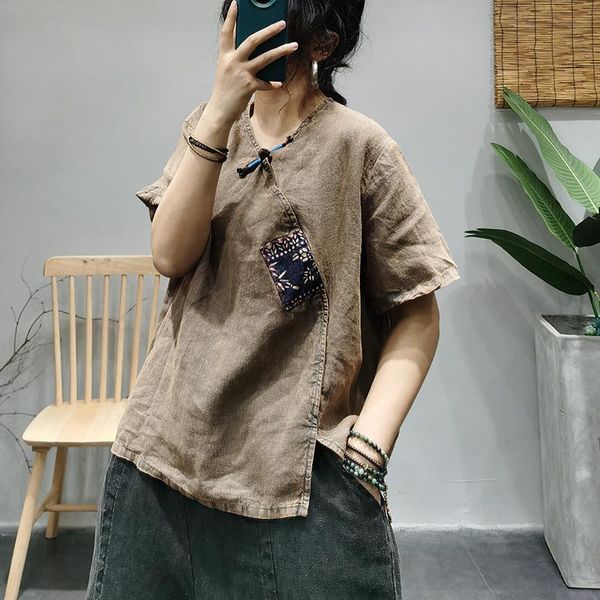 women's blouses & shirts retro shirt women 2021 summer casual loose ladies v-neck button patchwork short sleeve pullovers blouse, White 
women's blouses & shirts retro shirt women 2021 summer casual loose ladies v-neck button patchwork short sleeve pullovers blouse, White