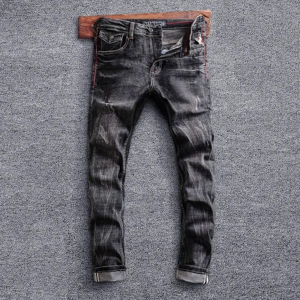 men's jeans italian style fashion men retro black gray elastic slim fit ripped vintage designer casual stretch denim pants, Blue
men's jeans italian style fashion men retro black gray elastic slim fit ripped vintage designer casual stretch denim pants, Blue