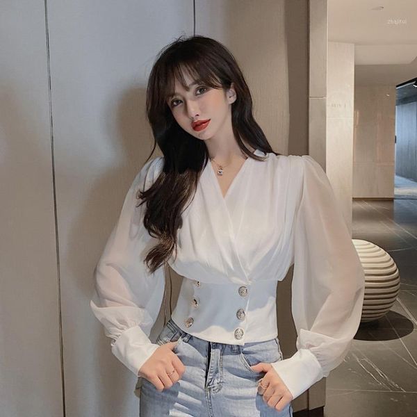 retro lantern sleeve double breasted v-neck stitching pleated chiffon shirt for women women's blouses & shirts, White
retro lantern sleeve double breasted v-neck stitching pleated chiffon shirt for women women's blouses & shirts, White