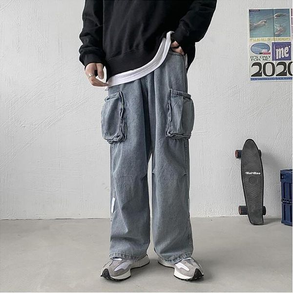 men's jeans spring retro work clothes multi pocket korean fashion student loose straight wide leg pants, Blue
men's jeans spring retro work clothes multi pocket korean fashion student loose straight wide leg pants, Blue