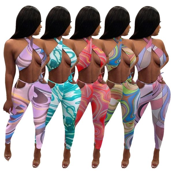 2022 summer halter neck print bra two piece pants set printed womens designer clothing, Gray