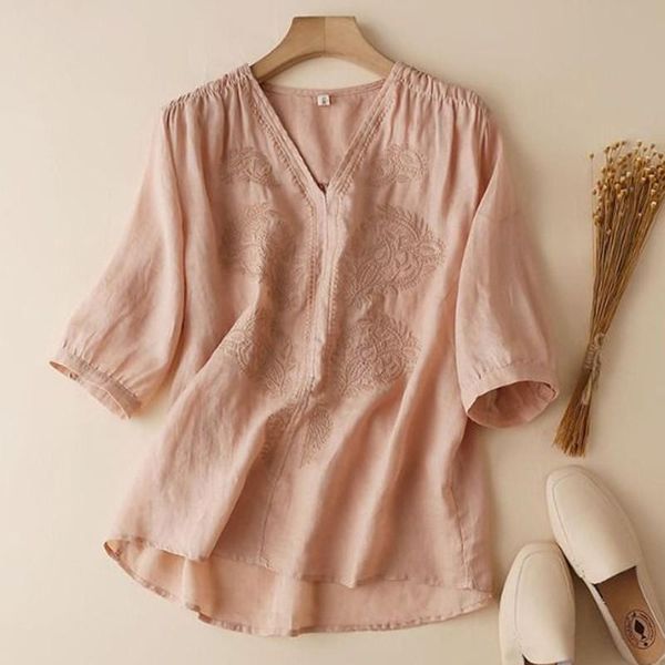 women's blouses & shirts plus size cotton linen shirt women summer loose casual 2021 vintage style embroidery v-neck woman p1168, White
women's blouses & shirts plus size cotton linen shirt women summer loose casual 2021 vintage style embroidery v-neck woman p1168, White