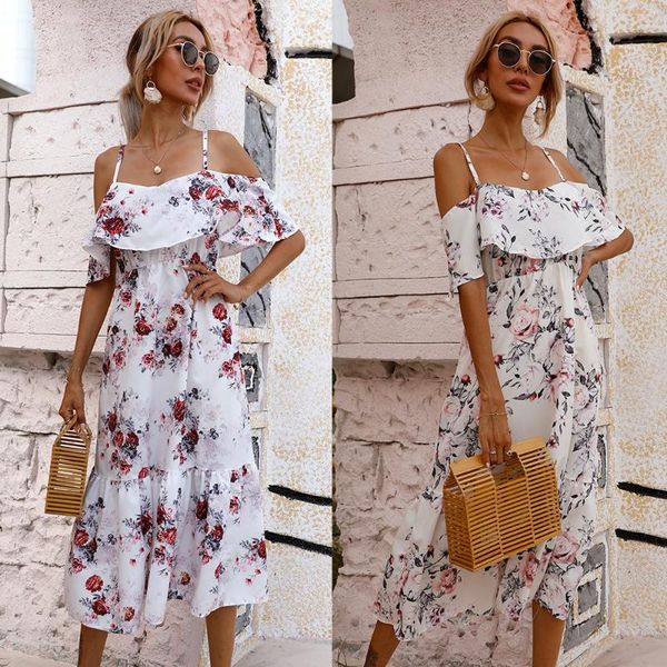 women's swimwear 2021 summer waist printed off-the-shoulder sling dress, White;black
women's swimwear 2021 summer waist printed off-the-shoulder sling dress, White;black