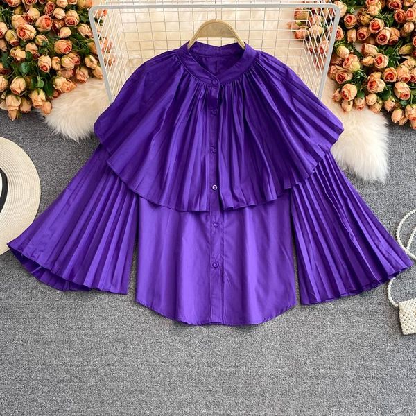 women's blouses & shirts stand collar ruffles pleasted blouse women solid color flare sleeve single breasted loose stright blusas femal, White
women's blouses & shirts stand collar ruffles pleasted blouse women solid color flare sleeve single breasted loose stright blusas femal, White