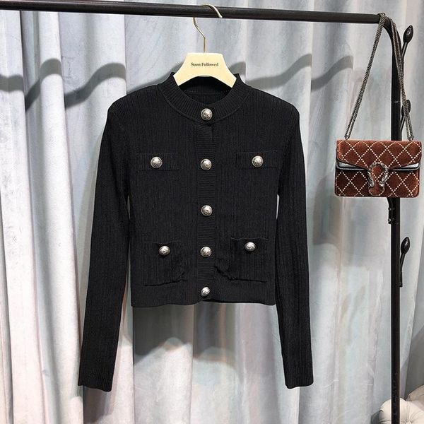 women's cardigan jacket 2021 spring and summer fashionable metal silver button decoration slim knit jackets, Black;brown
women's cardigan jacket 2021 spring and summer fashionable metal silver button decoration slim knit jackets, Black;brown