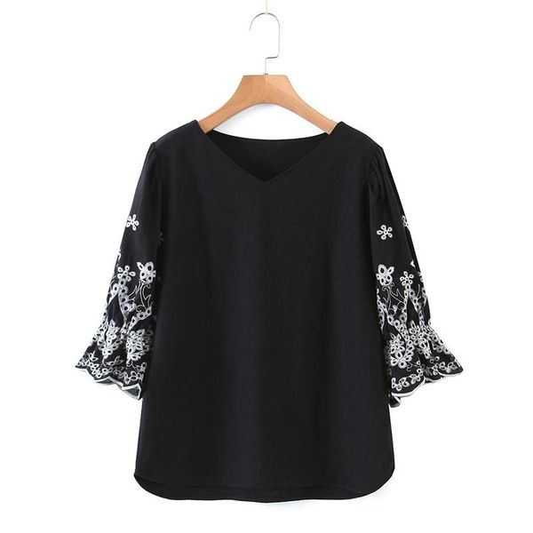 women's blouses & shirts casual spring vintage black flare sleeve embroidery floral hollow out blouse women v neck, White
women's blouses & shirts casual spring vintage black flare sleeve embroidery floral hollow out blouse women v neck, White