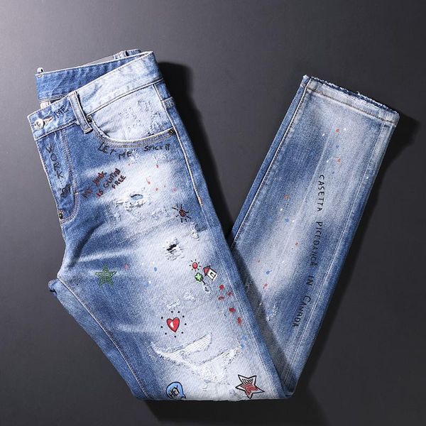 men's jeans street style fashion men retro light blue elastic slim fit ripped printed designer hip hop splashed denim pants
men's jeans street style fashion men retro light blue elastic slim fit ripped printed designer hip hop splashed denim pants