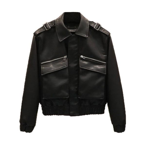 women's leather & faux short pu jacket 2021 spring autumn pocket handsome locomotive women jackets coat female, Black
women's leather & faux short pu jacket 2021 spring autumn pocket handsome locomotive women jackets coat female, Black