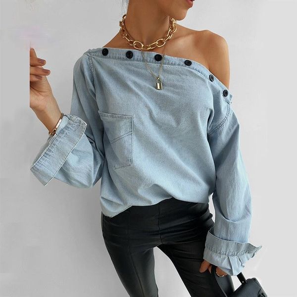 women's t-shirt spring and autumn leisure loose fashion denim design button decoration torticollis long sleeve, White
women's t-shirt spring and autumn leisure loose fashion denim design button decoration torticollis long sleeve, White