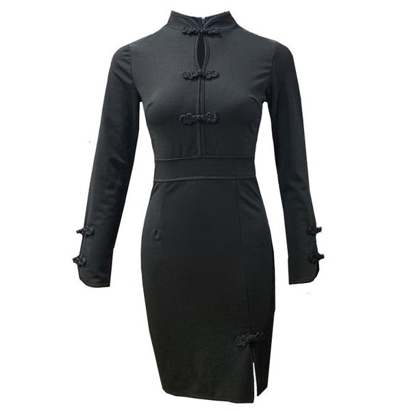 casual dresses spring autumn retro solid color long sleeve women dress slim fit high waist stand collar black cheongsam, Black;gray 
casual dresses spring autumn retro solid color long sleeve women dress slim fit high waist stand collar black cheongsam, Black;gray