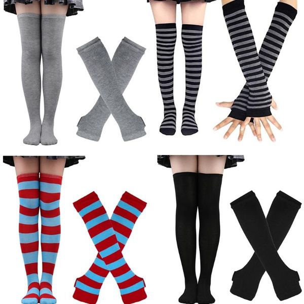 five fingers gloves fingerless striped socks arm warmers set thumbhole stretchy glove high stockings for cosplay elbow length covers, Blue;gray
five fingers gloves fingerless striped socks arm warmers set thumbhole stretchy glove high stockings for cosplay elbow length covers, Blue;gray