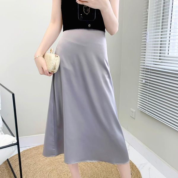 summer women solid satin midi a line skirt office lady elegant simple skirts, Black 
summer women solid satin midi a line skirt office lady elegant simple skirts, Black