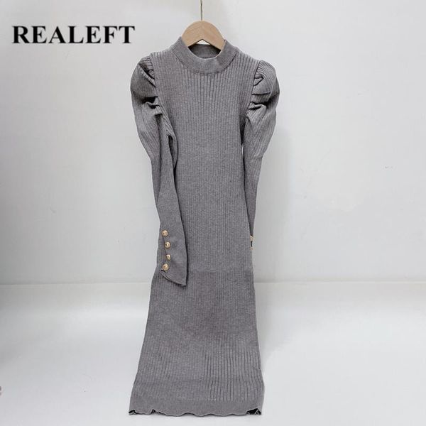 casual dresses realeft 2021 autumn winter knitted wrap high waist puff sleeve chic buttons sheath bodycon midi sweater dress, Black;gray 
casual dresses realeft 2021 autumn winter knitted wrap high waist puff sleeve chic buttons sheath bodycon midi sweater dress, Black;gray