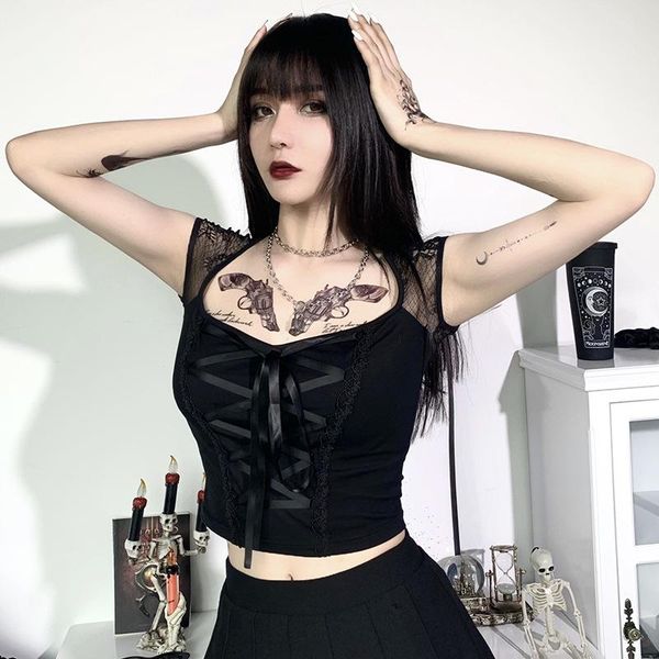 women bandage lace black t-shirts gothic streetwear female casual mesh tee women's t-shirt, White
women bandage lace black t-shirts gothic streetwear female casual mesh tee women's t-shirt, White