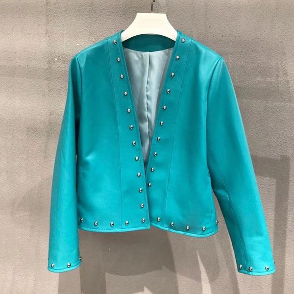 women's leather & faux blue color coat spring women fashion short length genuine jacket v-neck collar clothes with rivet, Black
women's leather & faux blue color coat spring women fashion short length genuine jacket v-neck collar clothes with rivet, Black
