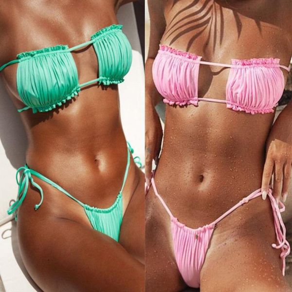women's swimwear 2021 summer women strapless thong bandage bikinis pleated hollow out solid swimsuit beach bathing suit, White;black
women's swimwear 2021 summer women strapless thong bandage bikinis pleated hollow out solid swimsuit beach bathing suit, White;black