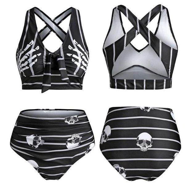 women's swimwear women push-up padded bikini skull striped print cut out cross-tie swimsuit beach wear female tankini set, White;black
women's swimwear women push-up padded bikini skull striped print cut out cross-tie swimsuit beach wear female tankini set, White;black