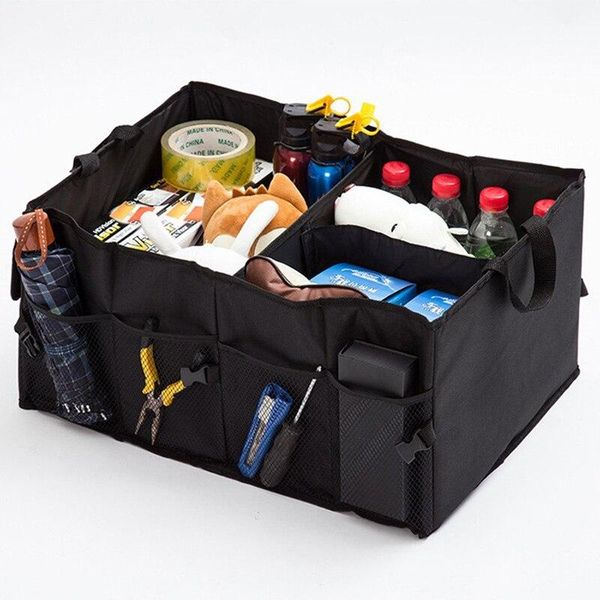 

car organizer universal portable trunk collapsible storage box multi-compartments stowing tidying black