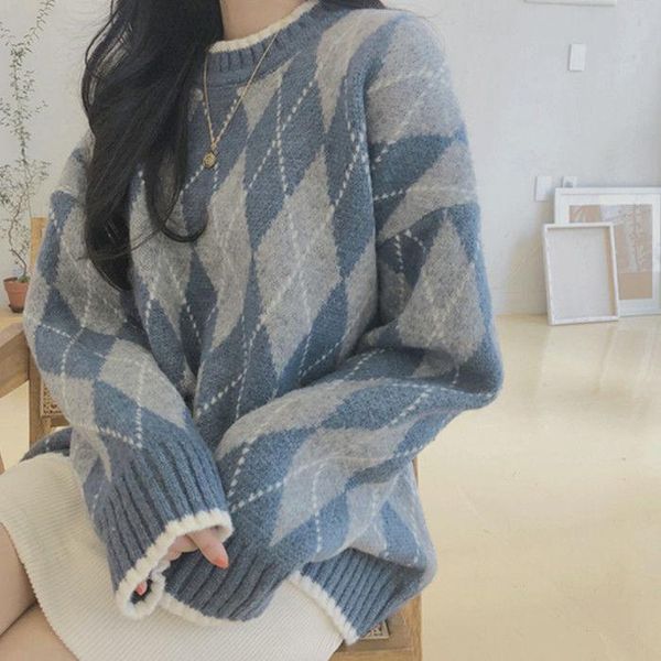 women's sweaters vintage sweater women 2021 fall winter korean style argyle plaid knitted pullover knitwear blue khaki pull femme t450, White;black
women's sweaters vintage sweater women 2021 fall winter korean style argyle plaid knitted pullover knitwear blue khaki pull femme t450, White;black