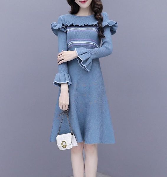 winter vintage elegant o-neck female knit dress slim long flare sleeve ruffles midi women sweater vestidos casual dresses, Black;gray
winter vintage elegant o-neck female knit dress slim long flare sleeve ruffles midi women sweater vestidos casual dresses, Black;gray