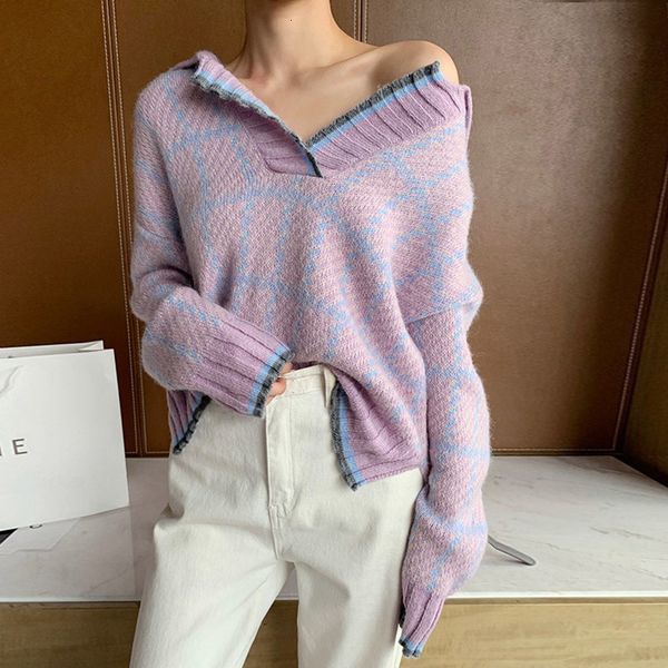 knits contrast plaid sweaters fashion lapel pullover winter oversized sweater lazy oaf knit thick, White
knits contrast plaid sweaters fashion lapel pullover winter oversized sweater lazy oaf knit thick, White