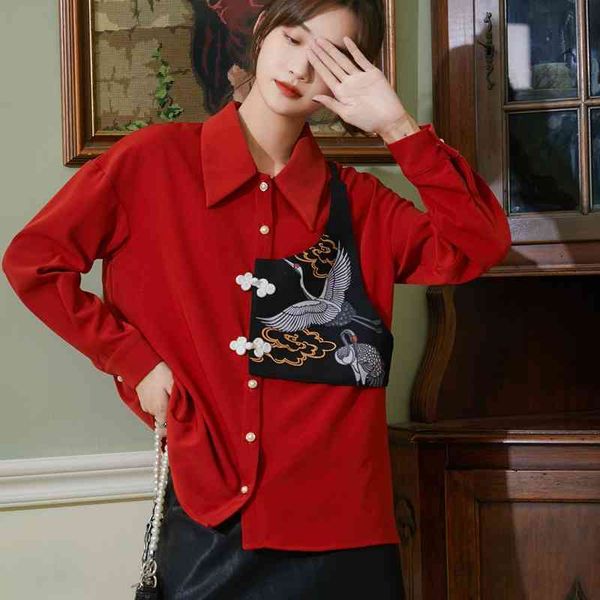 women's two piece pants red crane print frog button up collar shirt women japanese fashion long sleeve vintage blouse fall clo, White
women's two piece pants red crane print frog button up collar shirt women japanese fashion long sleeve vintage blouse fall clo, White