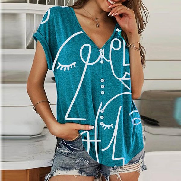 women's t-shirt for women loose v-neck short sleeve casual sketch print fashion button shirt ladies pullover colthes, White
women's t-shirt for women loose v-neck short sleeve casual sketch print fashion button shirt ladies pullover colthes, White