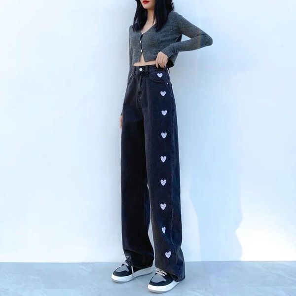 black high waist denim wide-legged pants women 's loose 2021spring love embroidery straight women's jeans, Blue
black high waist denim wide-legged pants women 's loose 2021spring love embroidery straight women's jeans, Blue