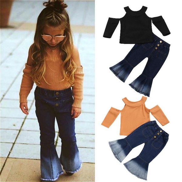 2-8y kids baby girls clothes set 2021 spring fall children off shoulder long sleeve knit sweater +denim flare pant jeans outfits clothing se, White
2-8y kids baby girls clothes set 2021 spring fall children off shoulder long sleeve knit sweater +denim flare pant jeans outfits clothing se, White