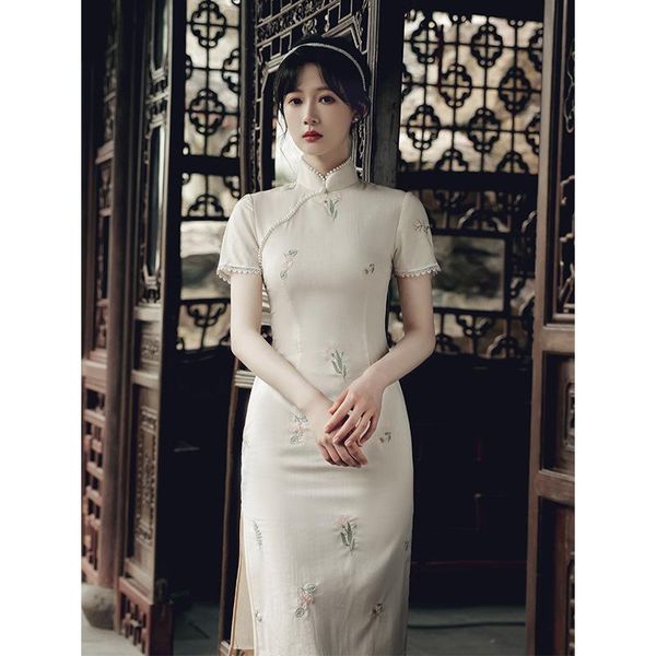 women vintage sweet improved mandarin collar cotton linen qipao chinese style apricot floral embroidery cheongsam ethnic clothing, Red
women vintage sweet improved mandarin collar cotton linen qipao chinese style apricot floral embroidery cheongsam ethnic clothing, Red