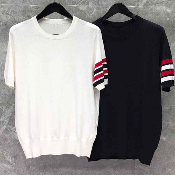 t shirt casual age reduction four bar color sleeve knitted round neck short men's and women's ice silk fashion, White
t shirt casual age reduction four bar color sleeve knitted round neck short men's and women's ice silk fashion, White