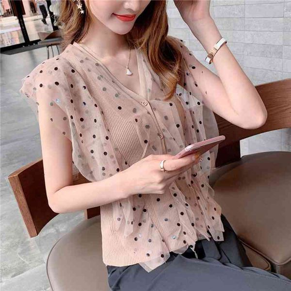 women casual polka dot printing sleeveless blouse lace patchwork knitted summer, White
women casual polka dot printing sleeveless blouse lace patchwork knitted summer, White