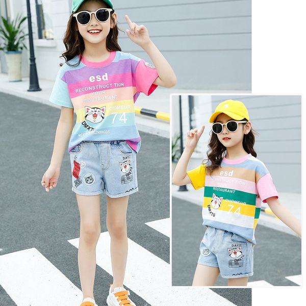 grils summer sets short sleeves clothes suit cartoon t-shirt + jeans shorts fit 4-13 years kids striped clothing outfit, White
grils summer sets short sleeves clothes suit cartoon t-shirt + jeans shorts fit 4-13 years kids striped clothing outfit, White