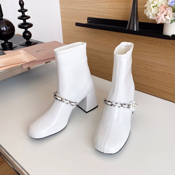 autumn and winter new line buckle chain pearl mary short boots square head thick high heels set foot elastic outlets, Black
autumn and winter new line buckle chain pearl mary short boots square head thick high heels set foot elastic outlets, Black