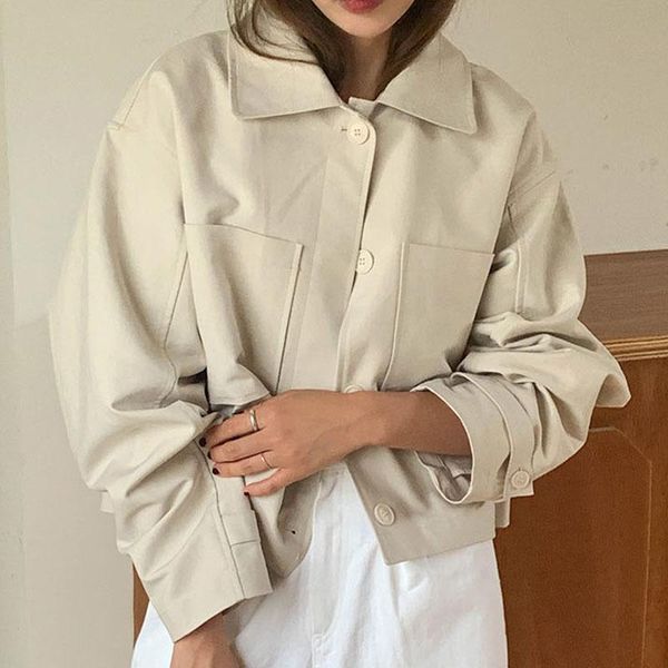 women's leather & faux vintage women beige pu outwear 2021 spring autumn lapel single-breasted long sleeve short biker jacket abrigo mu, Black
women's leather & faux vintage women beige pu outwear 2021 spring autumn lapel single-breasted long sleeve short biker jacket abrigo mu, Black