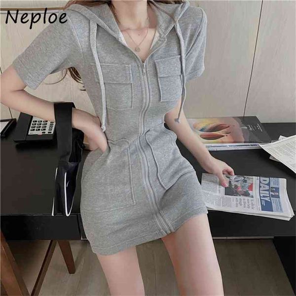 hooded pullover short sleeve solid dress women high waist hip skinny vestidos pocket design summer robe 210422, Black;gray