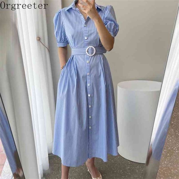 striped long shirt dress women's summer laple single breasted puff sleeve mid-calf dresses with belt 210602, White
striped long shirt dress women's summer laple single breasted puff sleeve mid-calf dresses with belt 210602, White