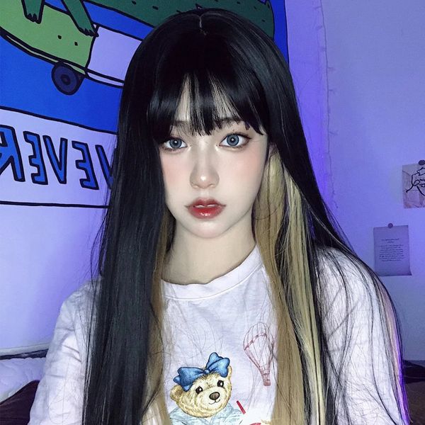 american wig popular european female and cartoon bangs long straight hair ear dye gradient invisible natural fluffy chemical fiber full head, Black 
american wig popular european female and cartoon bangs long straight hair ear dye gradient invisible natural fluffy chemical fiber full head, Black