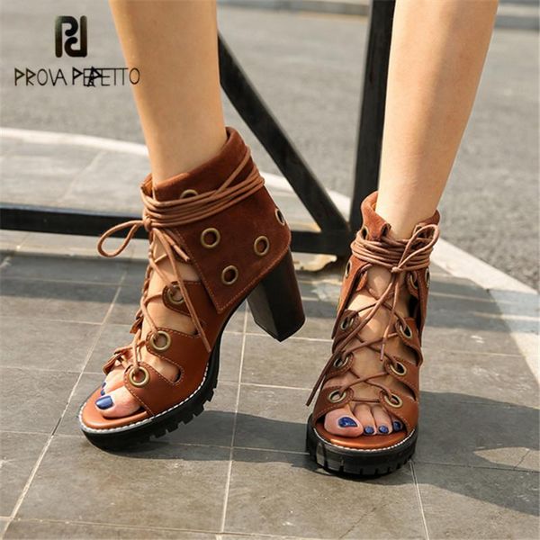 prova perfetto women lace up gladiator sandals chunky high heels hollow out platform pumps sandalias mujer stiletto, Black
