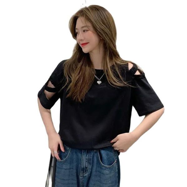women's t-shirt fashion tshirt femme 2021 summer style shoulder sleeve hole niche design sense black short-sleeved women loose top, White
women's t-shirt fashion tshirt femme 2021 summer style shoulder sleeve hole niche design sense black short-sleeved women loose top, White