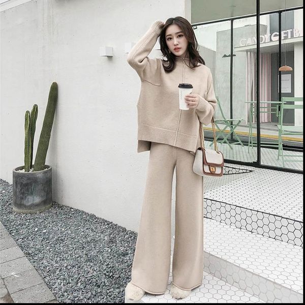 the drape womens sweaters knitting wide legged pants suit two piece women winter cashmere sweater western style suits, White;black
the drape womens sweaters knitting wide legged pants suit two piece women winter cashmere sweater western style suits, White;black