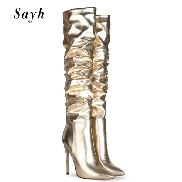 fasion women knee high boots pointed toe thin heels silver pleated pull on modern runway shoes size plus, Black
fasion women knee high boots pointed toe thin heels silver pleated pull on modern runway shoes size plus, Black