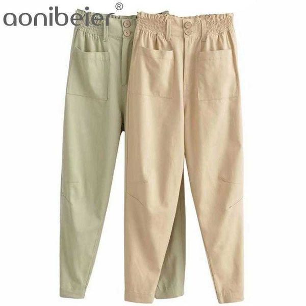 two buttons patch pockets summer women ankle length pants elastic high waist casual harem female trousers 210604, Black;white
two buttons patch pockets summer women ankle length pants elastic high waist casual harem female trousers 210604, Black;white