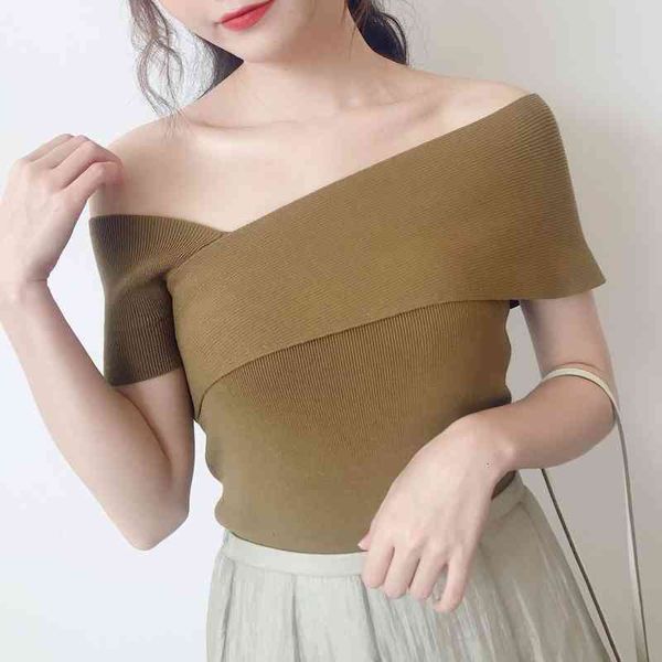 women's sweaters fashion off-the-shoulder pullover woman summer solid slim knitted chic cross collar knit t-shirts women, White;black
women's sweaters fashion off-the-shoulder pullover woman summer solid slim knitted chic cross collar knit t-shirts women, White;black