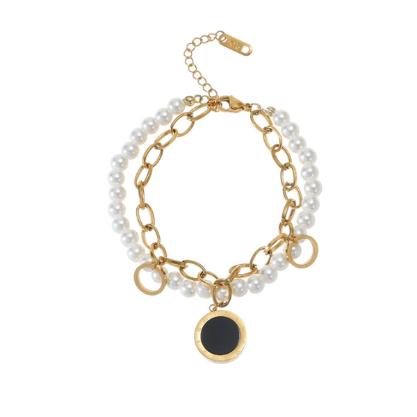 link, chain 316l stainless steel roman numeral round pearl charm splicing double layers bracelets for women fashion trend fine jewelry, Black
link, chain 316l stainless steel roman numeral round pearl charm splicing double layers bracelets for women fashion trend fine jewelry, Black