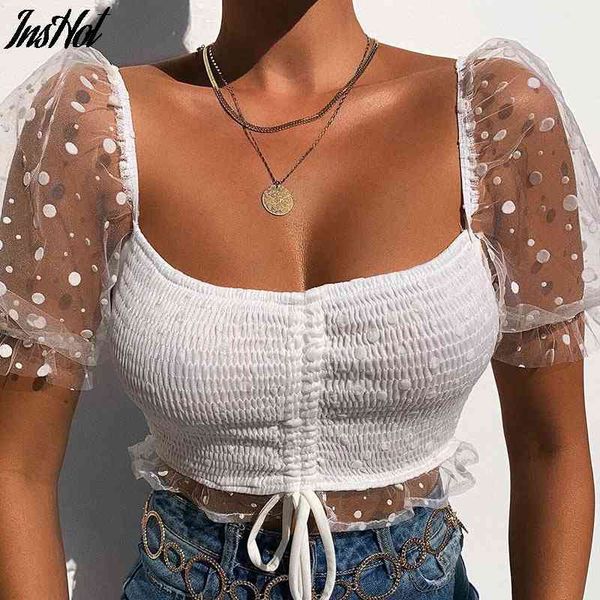 elegant square collar women summer low cut t shirts polka dot print mesh puff sleeve slim t-shirt pleated t shirt 210514, White
elegant square collar women summer low cut t shirts polka dot print mesh puff sleeve slim t-shirt pleated t shirt 210514, White