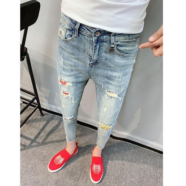 men's jeans spring autumn 2021 self-cultivation ripped hole feet social people spirit guy pants net celebrity ankle length, Blue
men's jeans spring autumn 2021 self-cultivation ripped hole feet social people spirit guy pants net celebrity ankle length, Blue