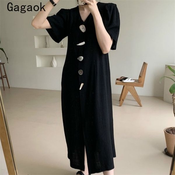 female korean vintage a-line dress summer v-neck puff sleeve button solid dresses slim chic simple wild vestidos 210531, Black;gray
female korean vintage a-line dress summer v-neck puff sleeve button solid dresses slim chic simple wild vestidos 210531, Black;gray
